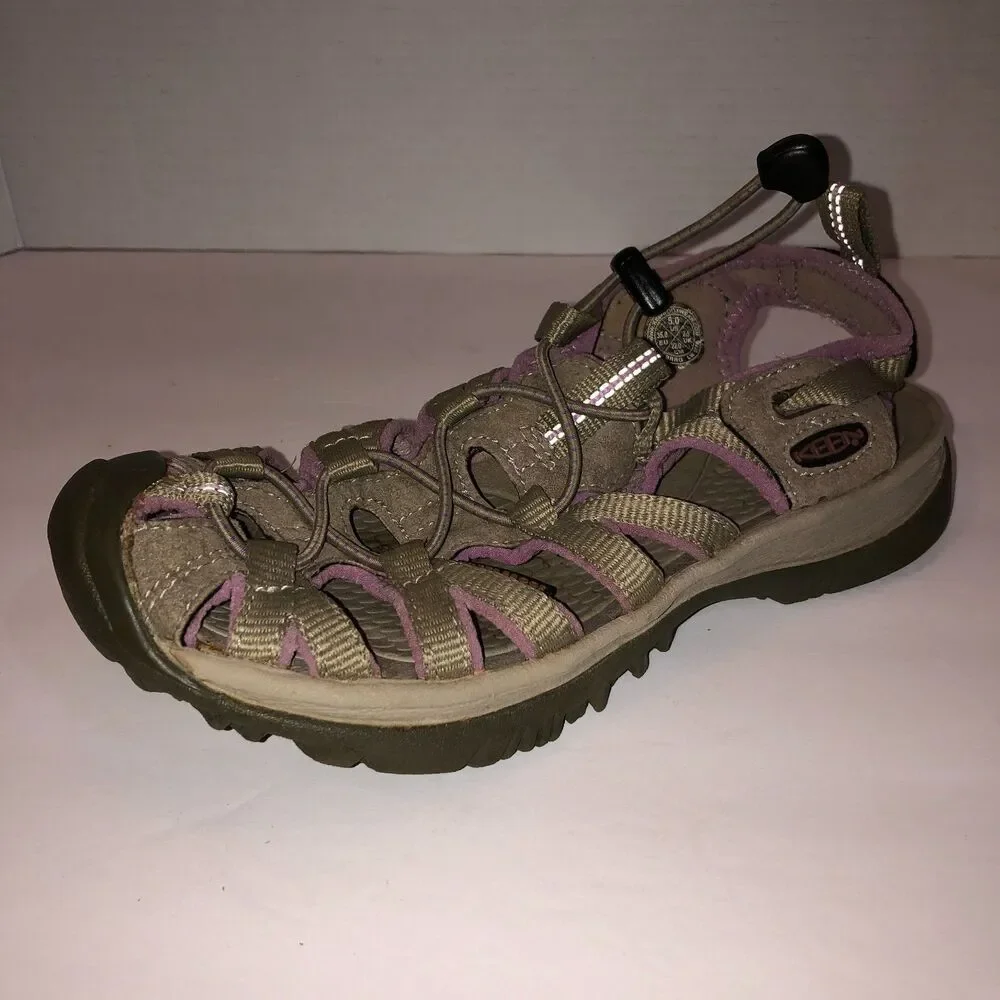 Keen Whisper Women Sz 5 Tan Purple Bungee Sport Outdoor Waterproof Shoes Sandals